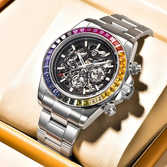 Novo pagani 2024 design moda arco-íris moldura masculino relógio de pulso mecânico luxo vidro safira oco relógio automático para homem