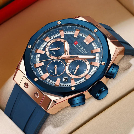CURREN-Relógio de pulso quartzo impermeável masculino, cronógrafo, luminoso, pulseira de silicone, casual, esportivo, marca de luxo, alta qualidade
