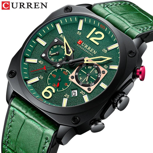 Curren-Luxo cronógrafo e data relógios de pulso para homens, marca relógios para negócios, relógio masculino verde, luminoso, novo