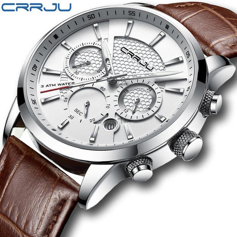 CRRJU Relógio Masculino Luxo Couro Relógio de Pulso Casual Cronógrafo Quartzo